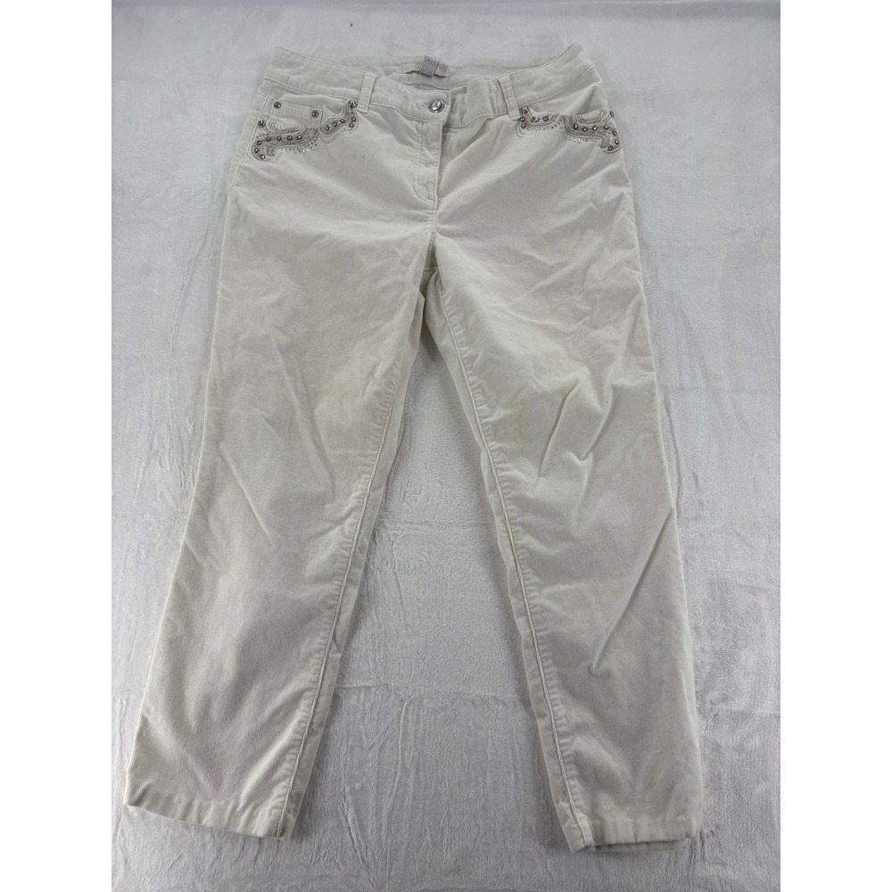 Chicos Corduroy Womens 2 Pants Off White Embellished Rhinestone Straight Leg